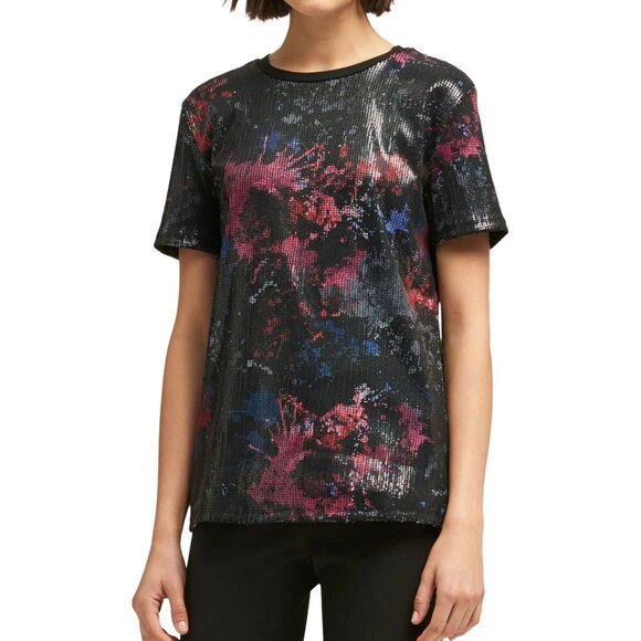 DKNY Abstract Embellished Sequin T-Shirt Top Multicolor Size S - Picture 2 of 6